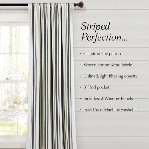 Miniatura 7 de Lush Decor Farmhouse Stripe - Par de paneles de cortinas de ventana de algodón teñido con hilo a rayas, 42" An x 84" L, Negro - Encanto rústico
