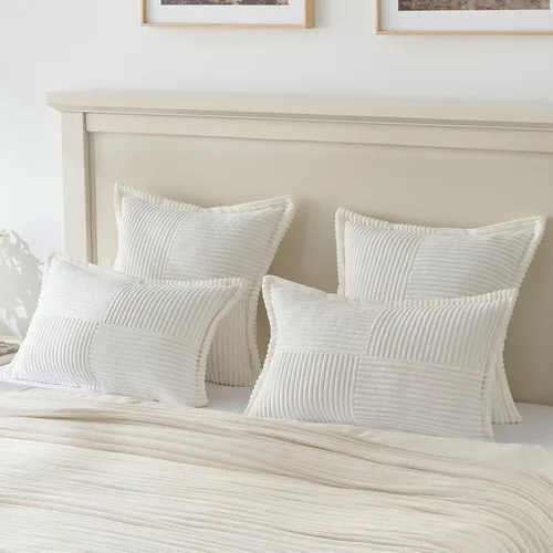 Miniatura 7 de HAUSSY Paquete de 2 fundas de almohada de 16 x 16 pulgadas, fundas decorativas de pana suave, estilo bohemio, a rayas, sólidas, decoración