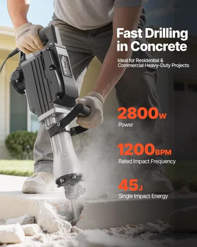 Miniatura 2 de VEVOR Demolition Jack Hammer, potente martillo eléctrico de 2800 W, rompedor de concreto de 1200 BPM con 3 cinceles, una pala de arcilla, funda