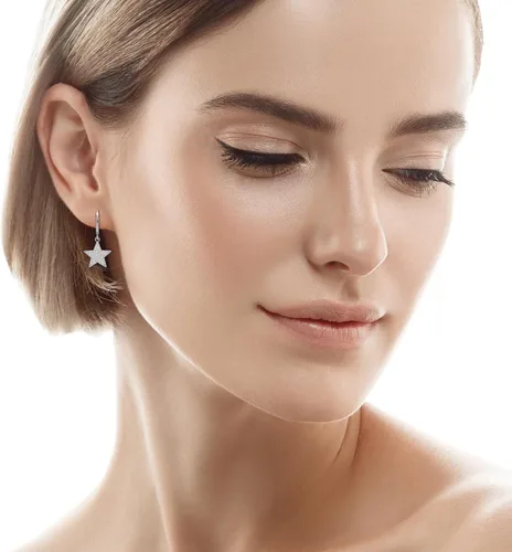 Miniatura 3 de Aretes colgantes de aro con diamantes de imitación de estrella de plata de ley 925/oro para mujeres