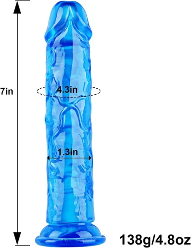 Miniatura 6 de Consolador pequeño realista de 7 pulgadas, juguete sexual realista de TPE azul, para principiantes, pene delgado sin bola con fuerte ventosa, bonito