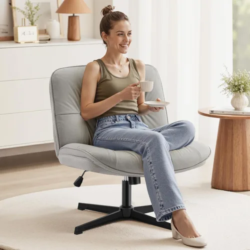 Miniatura 13 de OLIXIS Silla Criss Cross con Ruedas Sin Brazos Ancha de Patas Cruzadas Silla de Escritorio de Oficina de Tocador con Cómoda Piel Sintética PU