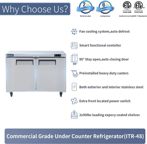 Miniatura 4 de ICECASA Refrigerador Comercial de Mostrador Bajo Encimera de 48" de Ancho, 2 Puertas de Acero Inoxidable con Enfriamiento por Ventilador, 13 Pies