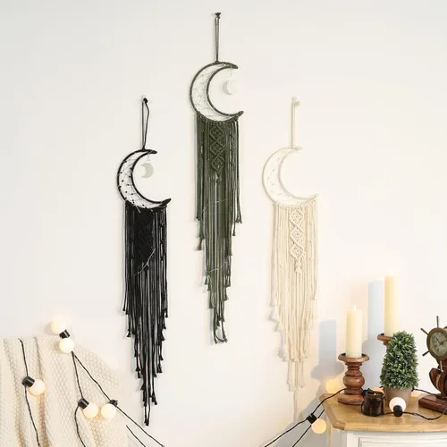 Miniatura 6 de Colgante de pared de macramé bohemio para niños, atrapasueños de media luna y estrella de crochet con borlas largas, decoración de algodón oliva