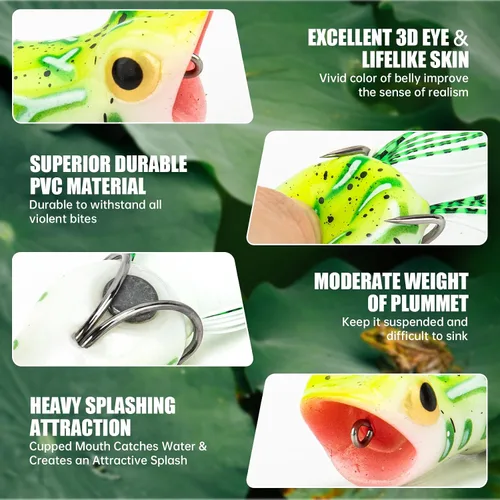 Miniatura 4 de Syosisny Juego de 5 señuelos de rana Topwater con ganchos sin hierbas, señuelos de pesca suaves con diseño realista, perfecto para pesca de lubina