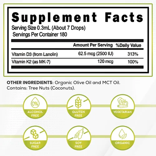 Miniatura 2 de Vitamina D3 + K2 (MK-7) Gotas líquidas con aceite MCT y aceite de oliva, vegetariano, sin OMG, sin soja, sin gluten, sin alcohol, 1 botella, 2 onzas
