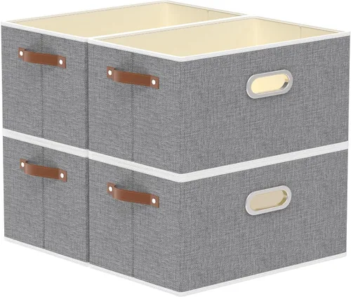 Miniatura 14 de Yawinhe Cestas de almacenamiento de tela, organizador plegable de armario para estantes, cajas grandes con 3 asas, contenedores de lona para ropa