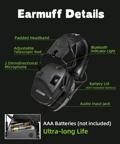 Miniatura 6 de ZOHAN 035 Orejeras de protección auditiva Bluetooth 5.4 para tiro con cancelación activa de ruido y amplificación de sonido, NRR 22dB para campo
