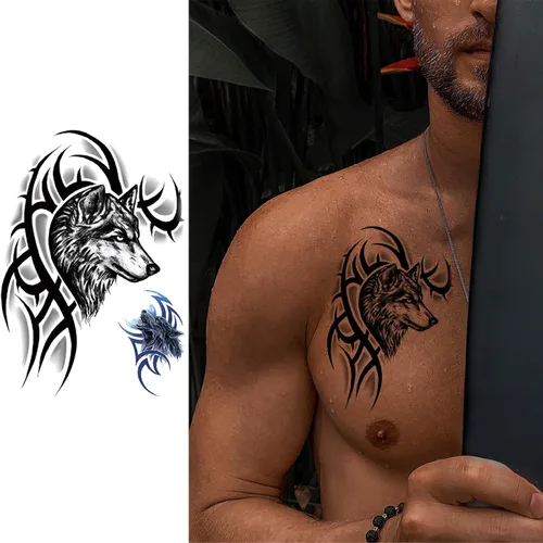 Miniatura 3 de Tatuaje de lobo realista temporal para hombres adultos, gran media manga, lobo de bosque negro, tatuaje falso tribal adulto para mujeres