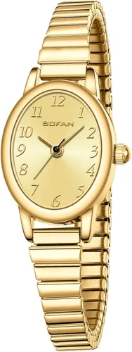 BOFAN Relojes pequeños de oro para mujer, relojes de pulsera de cuarzo de fácil lectura con banda de expansión de acero inoxidable, resistente al