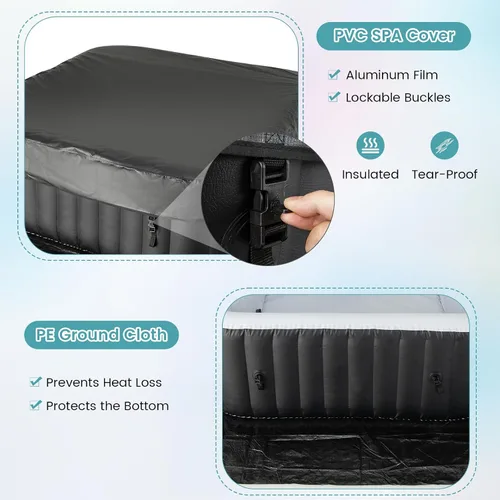 Miniatura 8 de Goplus Jacuzzi hinchable, piscina para 4-6 personas con 130 chorros de aire, bomba con calentador, cartuchos de filtro, cubierta aislada, tela