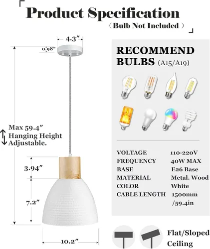 Miniatura 4 de ELYONA Lámparas Colgantes Martilladas de 10.2 pulgadas, Lámpara Colgante de Isla de Metal y Madera de Caucho, Altura Ajustable, Iluminación Colgante