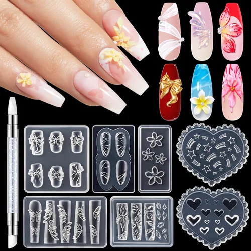 modelones Moldes de silicona para arte de uñas, 7 moldes de flores 3D con bolígrafo de tallado, plantillas de modelado transparentes, flores de
