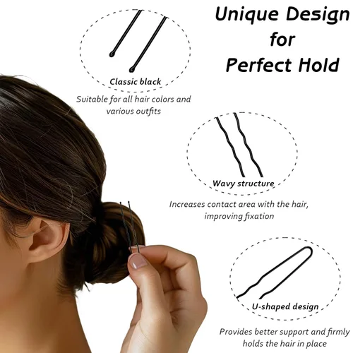 Miniatura 3 de Paquete de 100 horquillas duraderas en forma de U para cabello grueso de mujer, alfileres clásicos negros para peinar, para moños