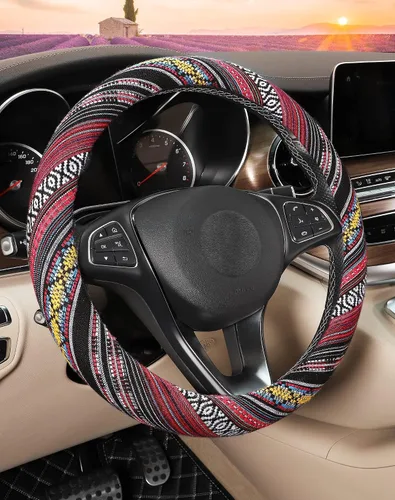 Miniatura 11 de SEG Direct Funda bohemia para volante con tela de manta Baja, cubierta para volante de estilo étnico hecha de lino grueso, se adapta a volantes
