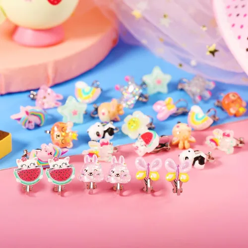 Miniatura 7 de PinkSheep Aretes de clip para niñas y niños, 12 pares de aretes kawaii de mariquita, unicornio, arcoíris, princesa, regalo para niña