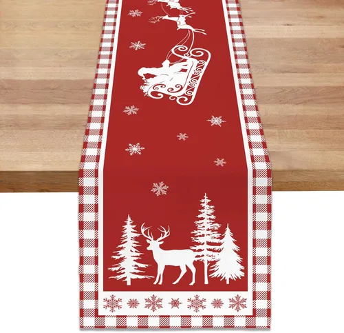 Miniatura 8 de Bonhause Camino de mesa de reno de Navidad de 13 x 72 pulgadas, trineo de Papá Noel, rojo, dorado, temporada de invierno, vacaciones, cocina