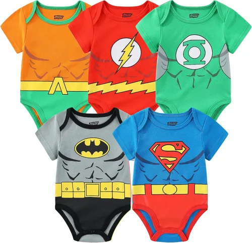 WARNER BROS Justice League Batman, Superman, Flash, Aquaman and Green Lantern Baby Boys 5 Pack Creepers for Infants
