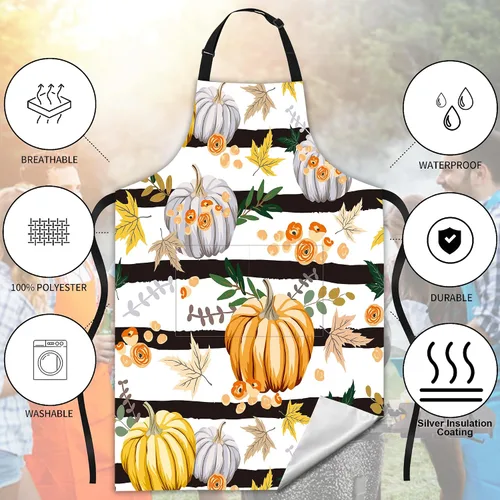 Miniatura 4 de Delantal de rayas de flores de calabaza con hojas de otoño, regalos para mujeres, delantal con cuello ajustable, impermeable, para mujeres