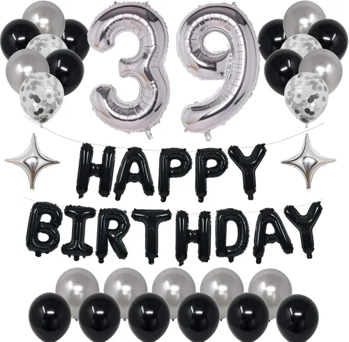 Miniatura 28 de Decoraciones de fiesta de cumpleaños color negro y plateado para niños y niñas, suministros de fiesta de cumpleaños número 14 con pancarta negra