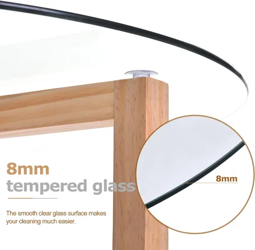 Miniatura 3 de Mesa auxiliar ovalada de vidrio templado de 3 capas con patas de madera de roble de almacenamiento, mesa auxiliar moderna para sala de estar