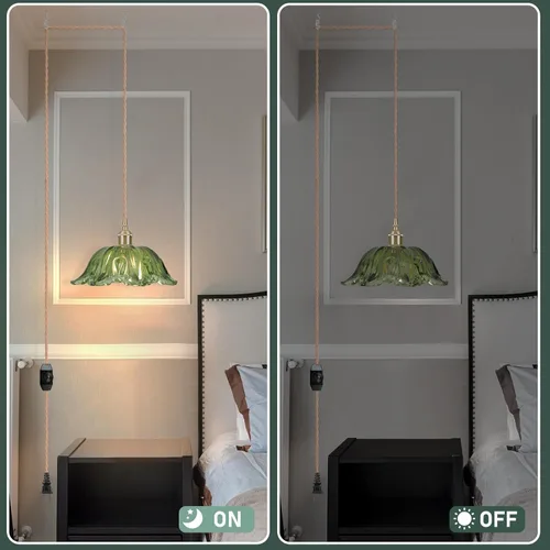Miniatura 5 de Lámparas colgantes enchufables, lámpara colgante con interruptor de encendido/apagado con cable, pantalla de cristal verde E26 de 10.6 pulgadas
