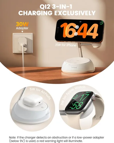 Miniatura 4 de Lamicall Estación de carga inalámbrica 4 en 1 con certificación Qi2 para Magsafe, [luz nocturna LED] Soporte de cargador magnético rápido de 15 W
