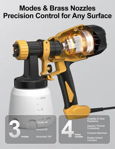 Miniatura 2 de Pulverizador de pintura, pistola eléctrica de pintura, 3 modos y 4 boquillas de latón, con juntas de limpieza y soplado, control de flujo variable