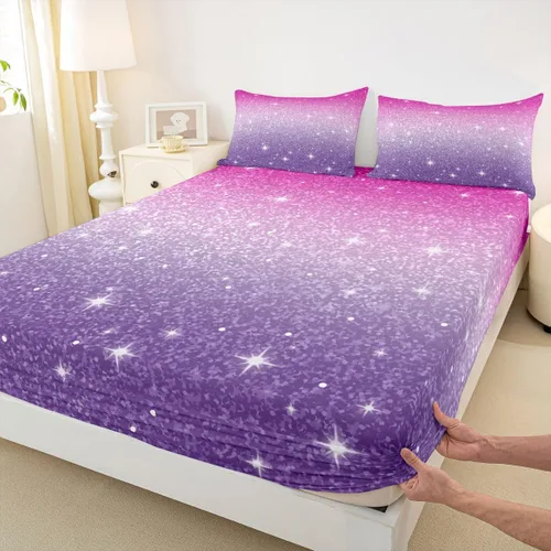 Miniatura 4 de Erosebridal Juego de ropa de cama de lentejuelas con purpurina y estrellas, sábanas de bolsillo profundo arcoíris y galaxia espacial, sábana bajera