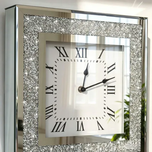 Miniatura 4 de DMDFIRST Reloj de pared cuadrado con espejo de cristal triturado de diamante con decoraciones brillantes de chispa y centella para decoración