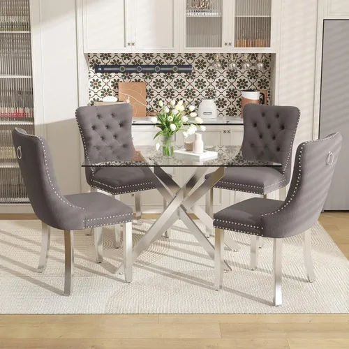 Juego de mesa de comedor de vidrio de 51 pulgadas para 4, mesa de cocina rectangular moderna de vidrio con 4 sillas tapizadas de terciopelo, juego