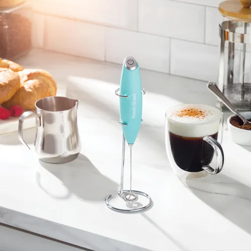 Miniatura 2 de Espumador de leche de mano potente, mini espumador de leche, mezclador de bebidas con batería (no incluida) de acero inoxidable con soporte
