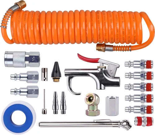 1/4" NPT kit de accesorios - 20 unidades, kit de herramientas para manguera de compresor de aire con manguera con bobina/pistola de aire/manómetro