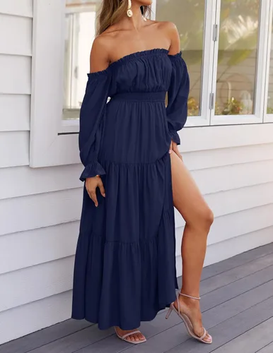 Miniatura 16 de ZESICA - Vestido largo, bohemio y sexy, con hombros descubiertos y manga larga fruncida, con elástico fruncido, cintura alta y abertura lateral