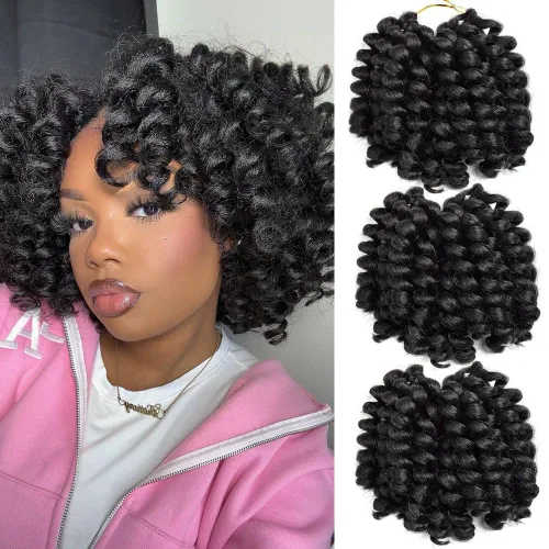 Miniatura 2 de Trenzas de ganchillo 2X Ringlet Jumbo Wand Curl 3 unids/lote 8 pulgadas 20 raíces Jamaicana Rizo en espiral trenzado trenzado sintético senegalés 1b