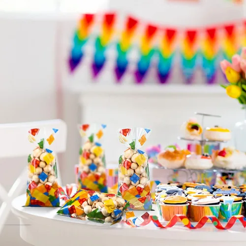 Miniatura 5 de 100 bolsas de celofán con bloques de construcción, suministros para fiesta de cumpleaños, bolsas de dulces con 100 lazos plateados para recuerdos