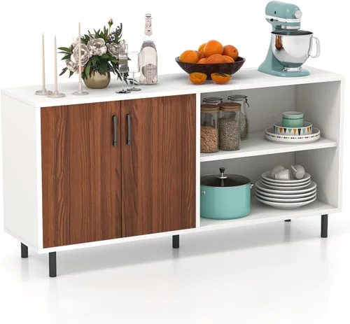 Giantex Aparador de buffet, armario de almacenamiento moderno con 2 puertas y estantes abiertos, armario de cocina de 58 pulgadas con patas de