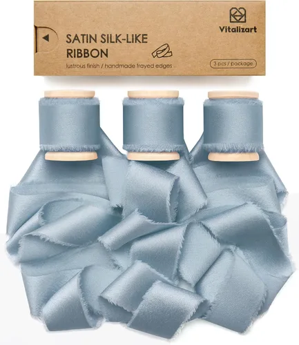 Miniatura 8 de Vitalizart Cinta de satén de seda verde y blanca de 1 pulgada x 15 yardas, carrete de madera hecha a mano, cinta deshilachada para envolver regalos