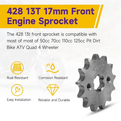 Miniatura 2 de HIAORS 428 13T 17mm Piñones de Motor Delantero para Motocicleta para 50cc 70cc 110cc 125cc 140cc 160cc TaoTao Roketa Coolster Sunl Lifan Chinese ATV