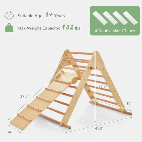 Miniatura 7 de Olakids Conjunto Triángulo Pikler 3 en 1 Juguetes de Escalada para Niños Pequeños Madera Plegable Montessori Gimnasio de Selva para Bebés con Rampa