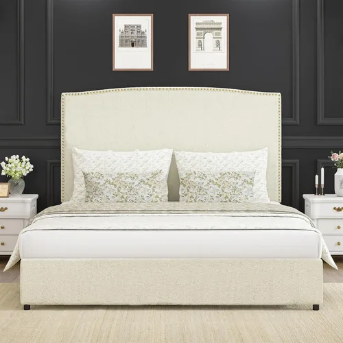 Miniatura 9 de Base de cama tamaño matrimonial con cabecero, plataforma tapizada de 56 pulgadas con ribete de cabeza de clavos, tela suave de bucle, no necesita