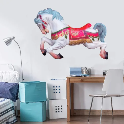 Miniatura 5 de Vinilo decorativo para pared, diseño de caballo de carrusel parisino, mural Merry go Round (negro y verde azulado, 52 x 43 pulgadas)