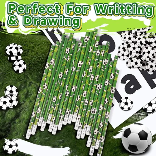 Miniatura 5 de Miucat Juego de 36 lápices de fútbol y borradores, instrumentos de escritura deportiva, divertidos lápices de madera para niños, recuerdos de fiesta