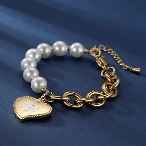 Miniatura 2 de mnmoom Elegantes pulseras de identificación médica con cuentas de perlas de imitación con corazón de alerta médica para mujer, Metal, no conocido
