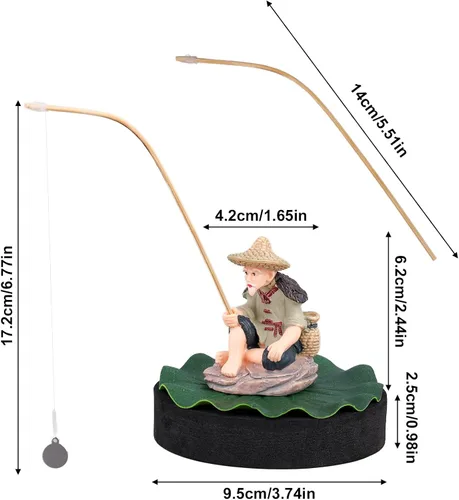 Miniatura 2 de Decoración flotante para pecera, figura de acuario de pescador con base de hoja de loto y caña de pescar divertido alimentador de peces estatua