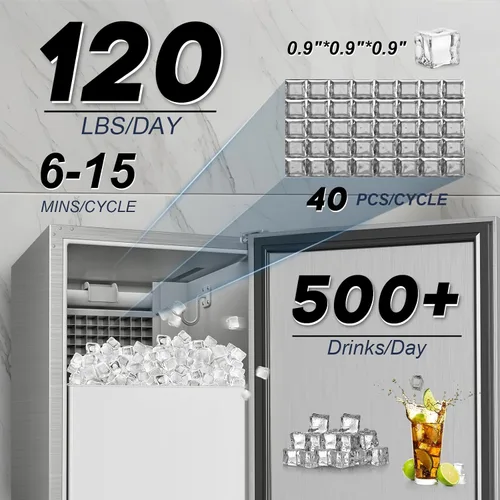 Miniatura 4 de Máquina de hielo bajo mostrador - 120 libras/día, empotrada/independiente, autolimpieza, puerta reversible, almacenamiento de hielo incorporado