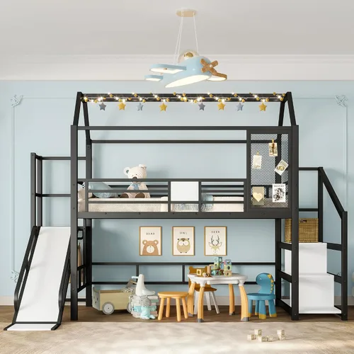 Miniatura 3 de Bellemave Cama Loft de Metal Tipo Casa Tamaño Twin con Tobogán y Escaleras, Marco de Cama Loft Casa de Juegos de Servicio Pesado con Estantes