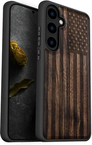 Miniatura 11 de Carveit Funda de madera para Galaxy S24 - Madera natural y TPU negro suave, cubierta protectora a prueba de golpes, diseño de madera único Bandera