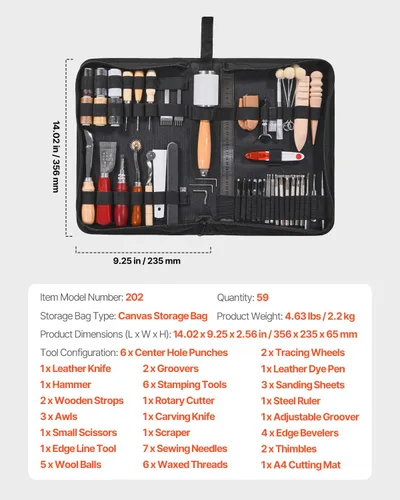 Miniatura 7 de VEVOR Kit de herramientas de trabajo de cuero, 59 piezas de herramientas de artesanía de cuero con bolsa de almacenamiento de lona portátil
