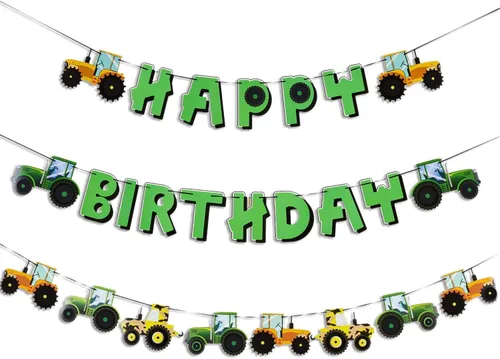 SUNBEAUTY Juego de pancartas de feliz cumpleaños de tractor verde con guirnalda de tractor para decoración de fiestas de cumpleaños con temática de